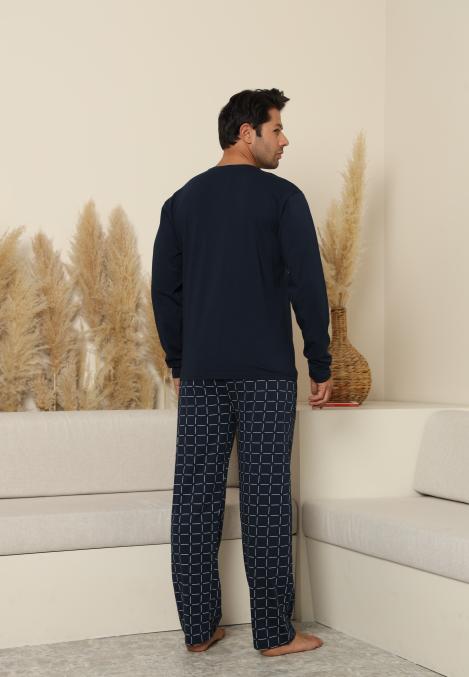 Pijama Barbati ,Maneca si Pantaloni Lungi, Culoare Bleumarin cu Alb,Engros